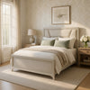 Lopa Queen Bed | LED Headboard Embossed Panels | White Chenille Upholstery