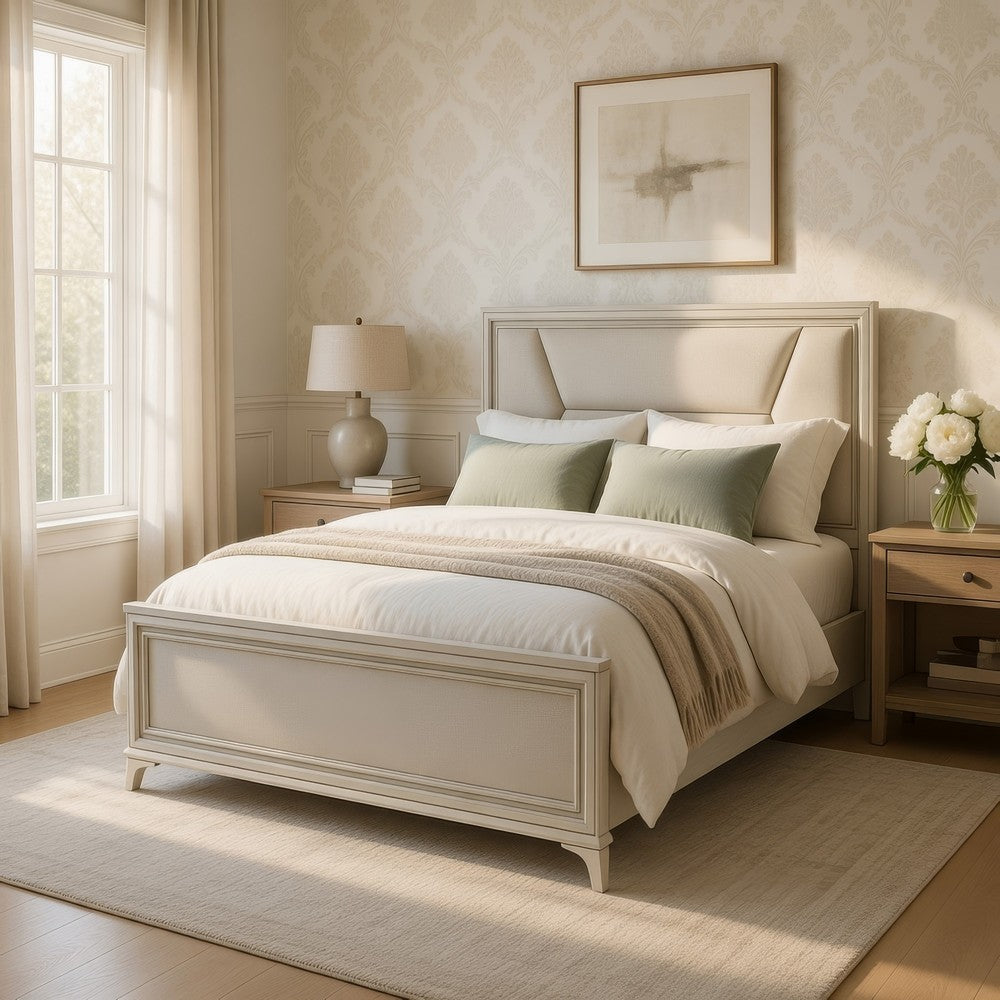Lopa Queen Bed | LED Headboard Embossed Panels | White Chenille Upholstery