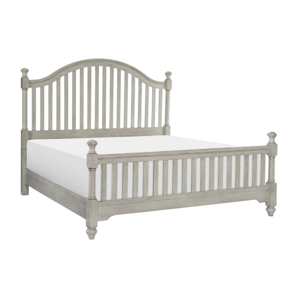 Mozz King Bed | Arched Headboard | Turned Finial Posts | Gray Vertical Slats