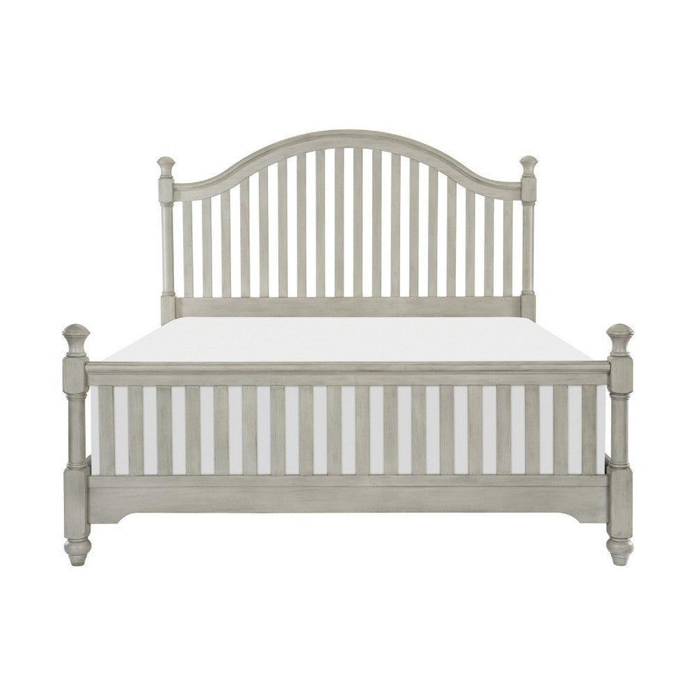 Mozz King Bed | Arched Headboard | Turned Finial Posts | Gray Vertical Slats