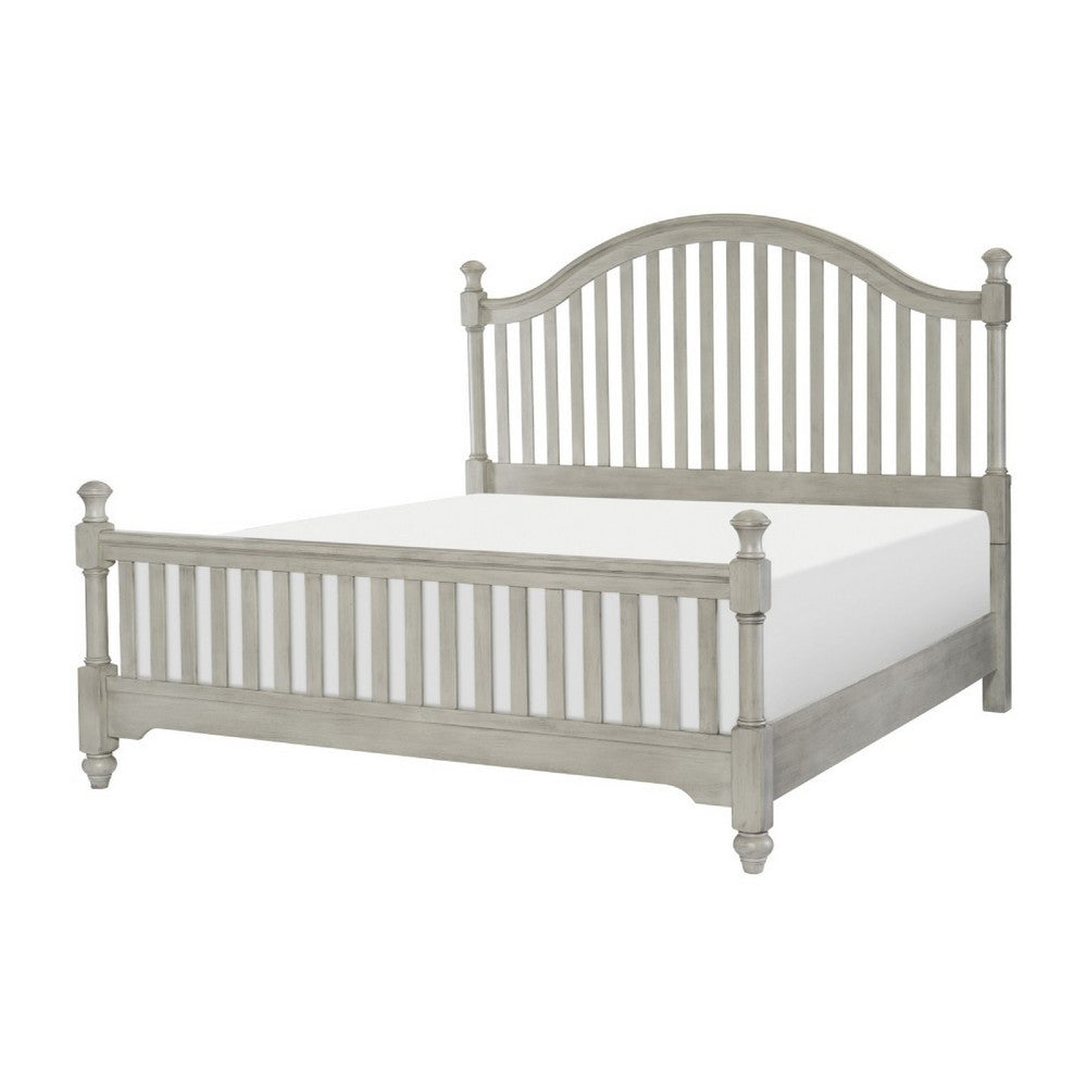 Mozz King Bed | Arched Headboard | Turned Finial Posts | Gray Vertical Slats