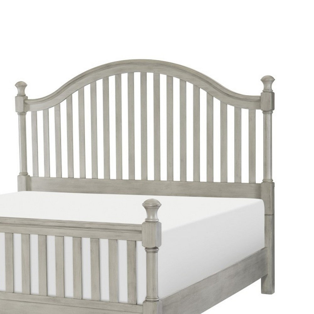 Mozz King Bed | Arched Headboard | Turned Finial Posts | Gray Vertical Slats