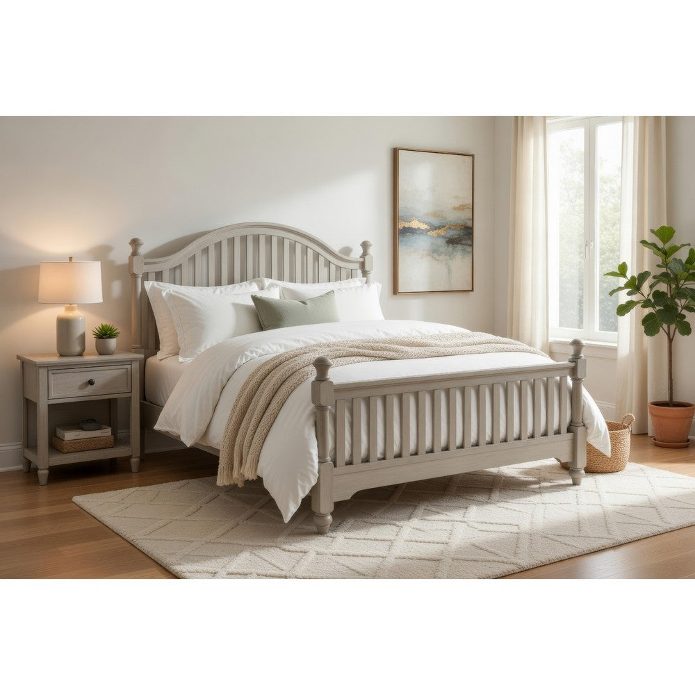 Mozz King Bed | Arched Headboard | Turned Finial Posts | Gray Vertical Slats