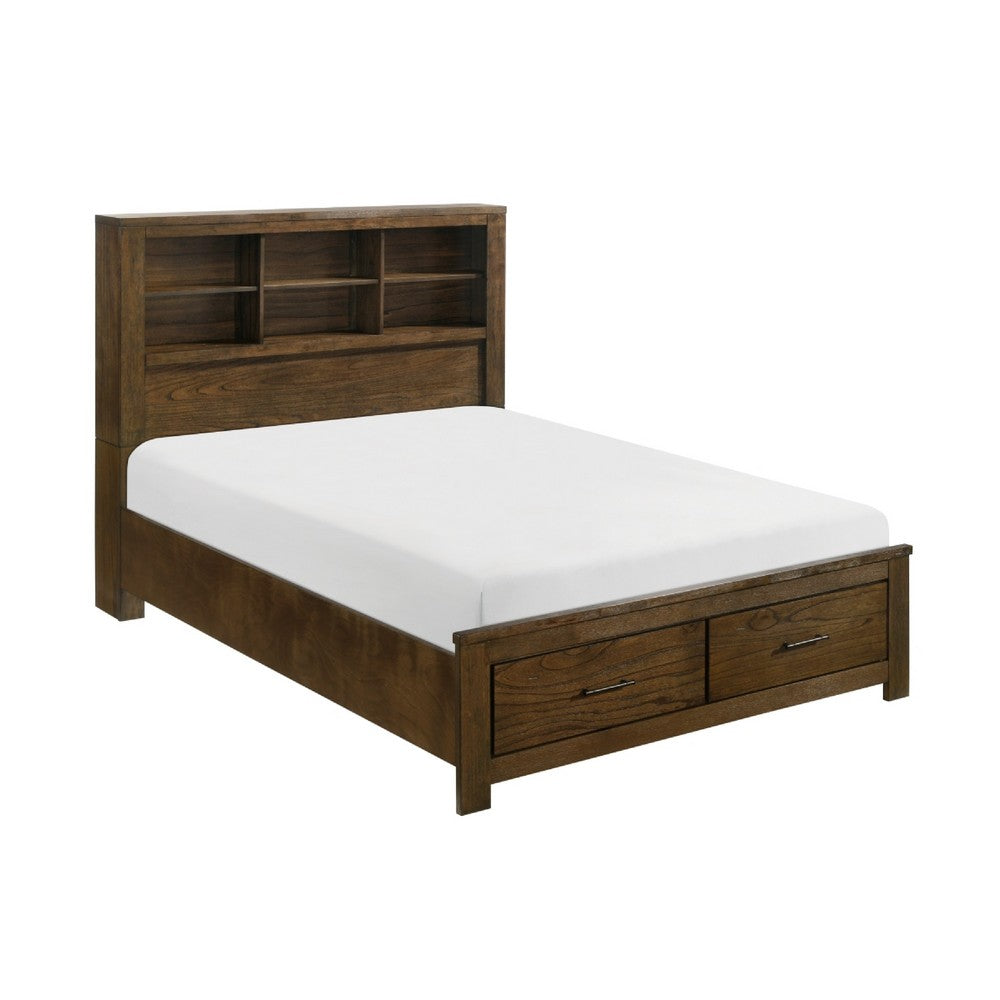 Suli Queen Bed | Bookcase Headboard | 2 Storage Drawers | Brushed Brown