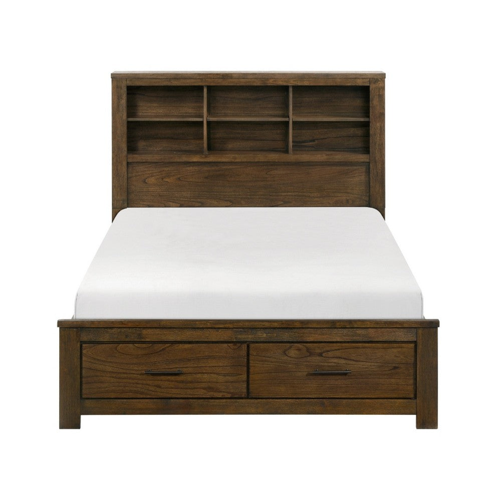 Suli Queen Bed | Bookcase Headboard | 2 Storage Drawers | Brushed Brown