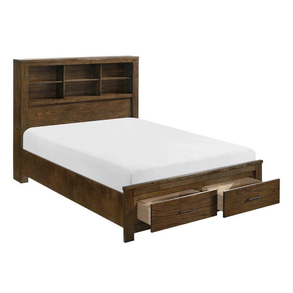 Suli Queen Bed | Bookcase Headboard | 2 Storage Drawers | Brushed Brown