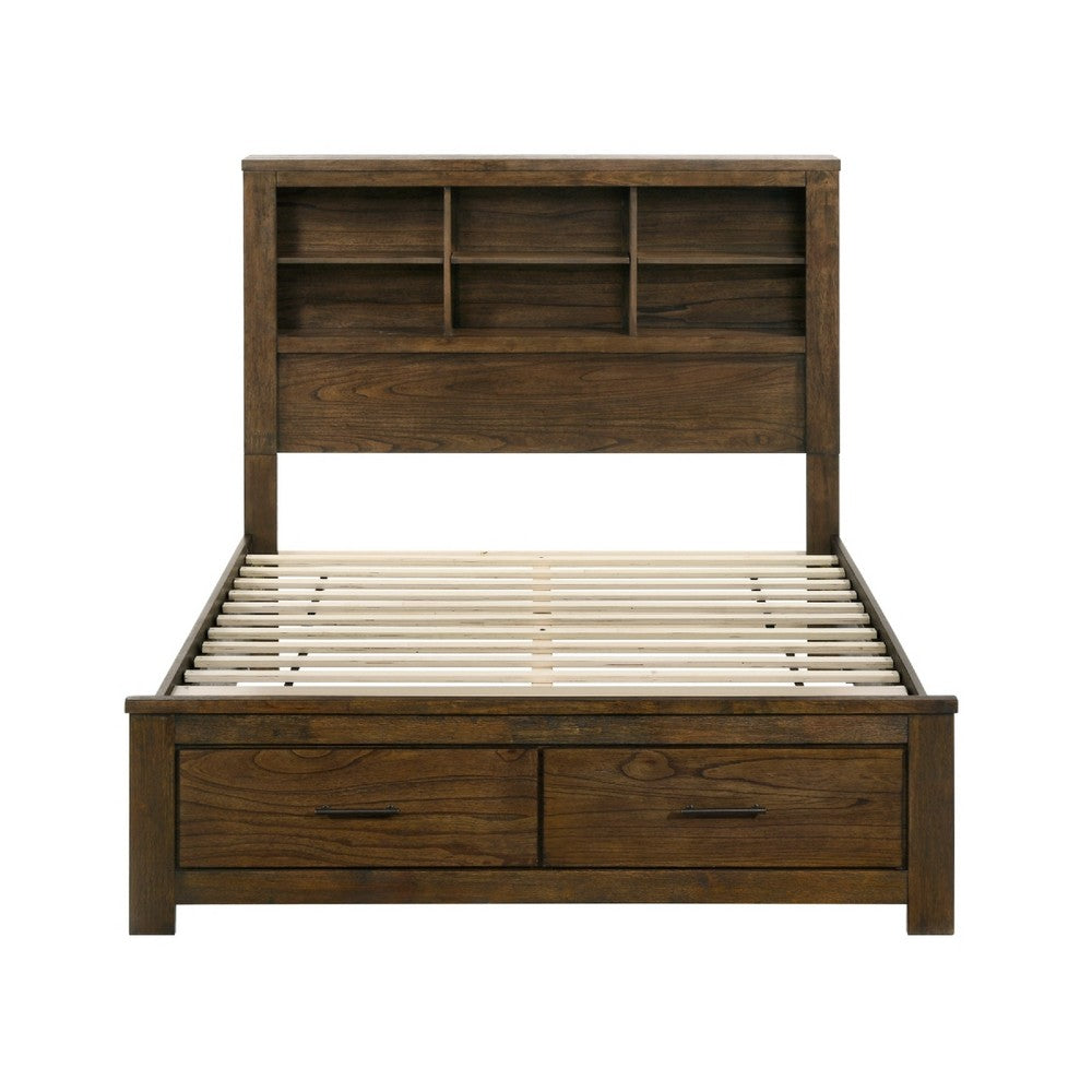 Suli Queen Bed | Bookcase Headboard | 2 Storage Drawers | Brushed Brown