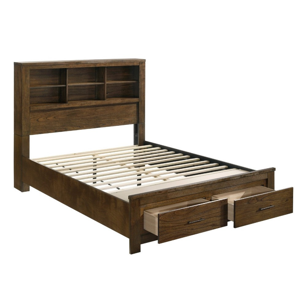 Suli Queen Bed | Bookcase Headboard | 2 Storage Drawers | Brushed Brown