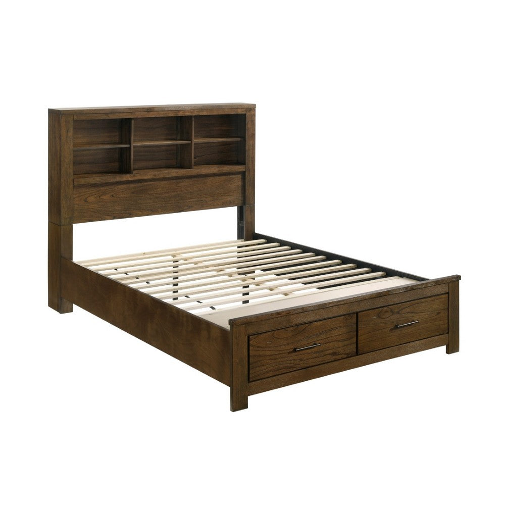 Suli Queen Bed | Bookcase Headboard | 2 Storage Drawers | Brushed Brown