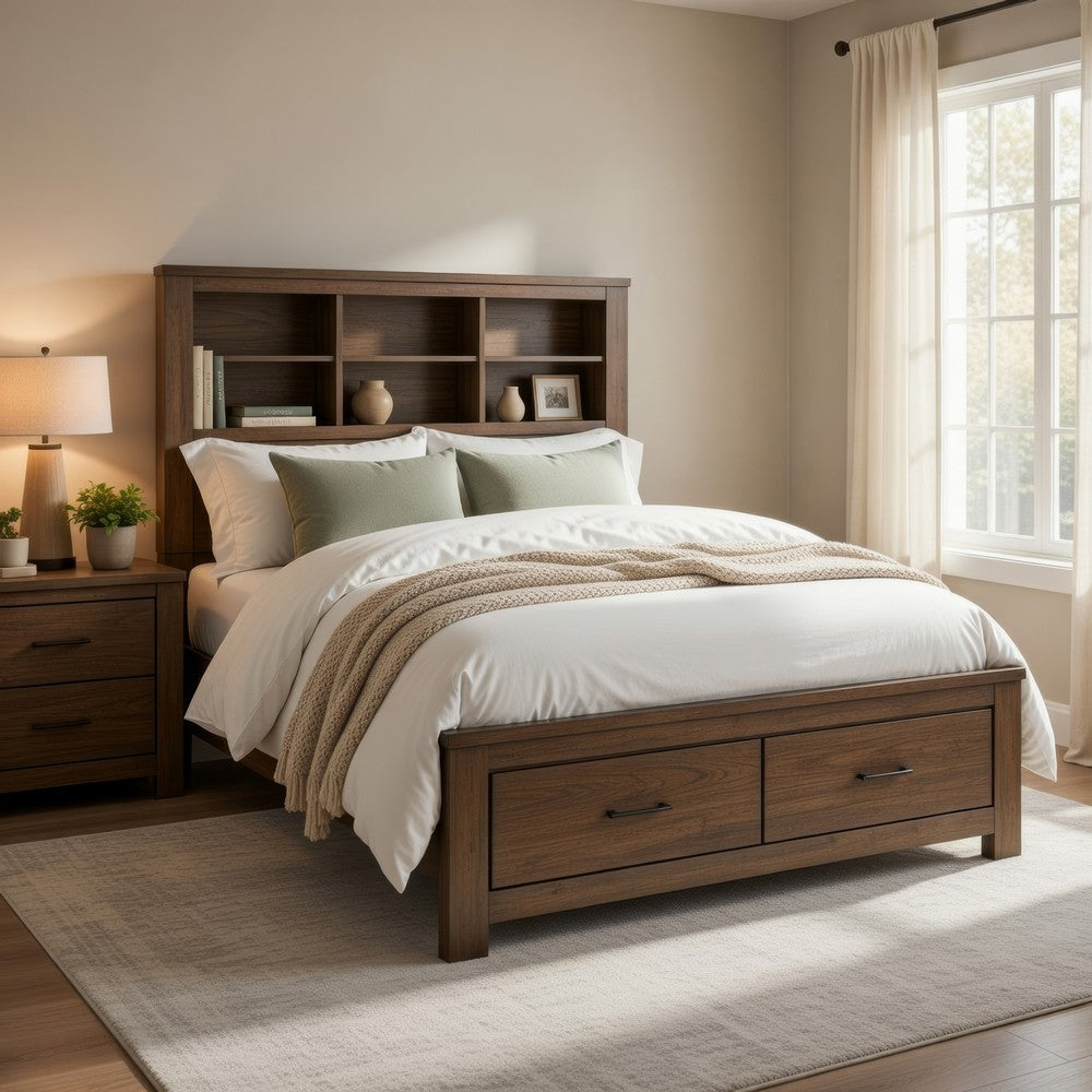 Suli Queen Bed | Bookcase Headboard | 2 Storage Drawers | Brushed Brown