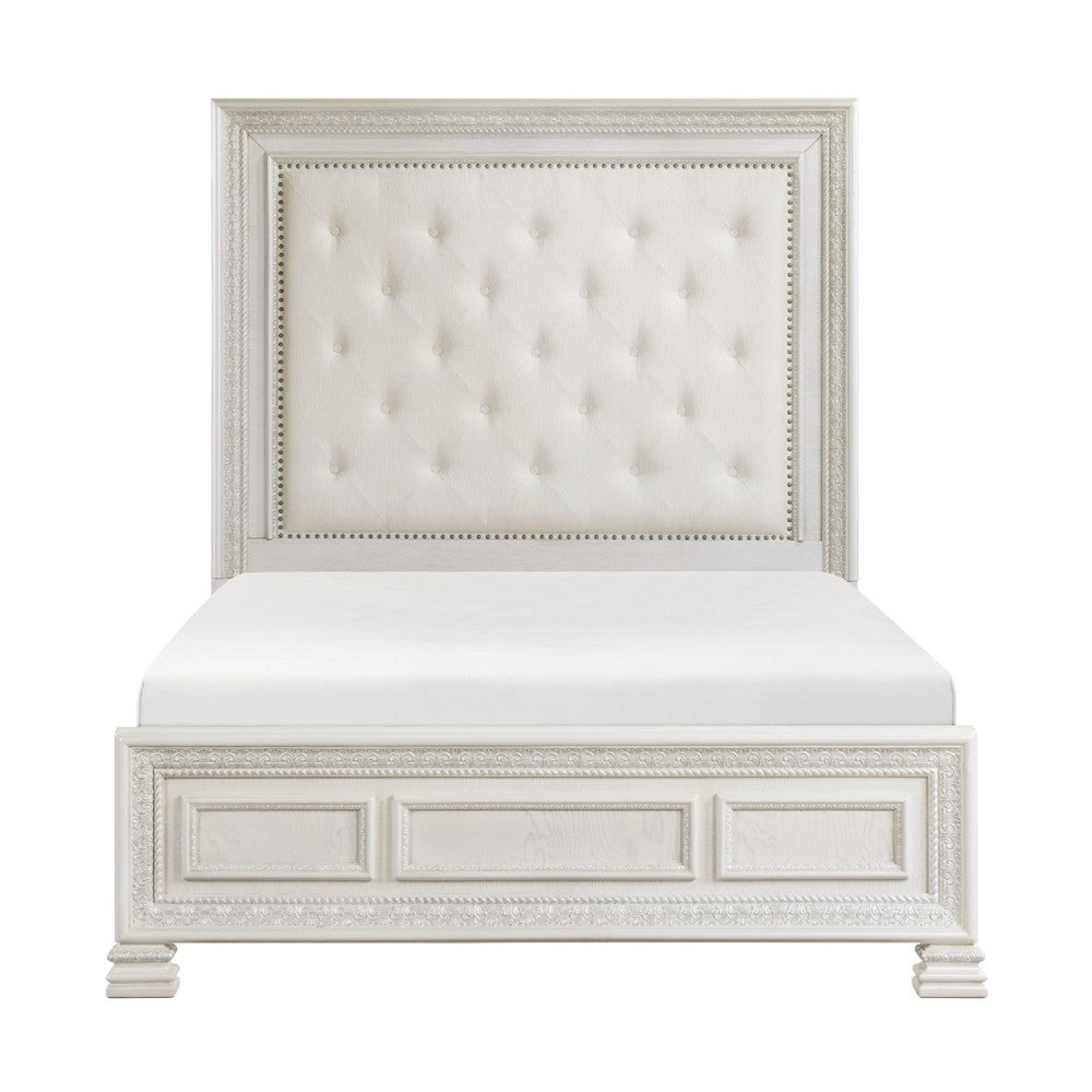 Rotu Queen Bed | Tufted Headboard with Nailheads | Pearl White Polyester