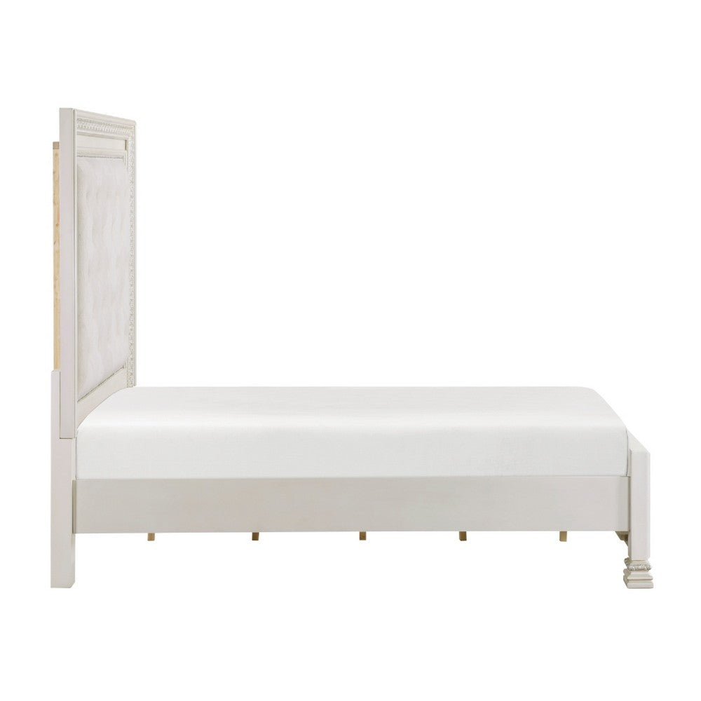 Rotu Queen Bed | Tufted Headboard with Nailheads | Pearl White Polyester