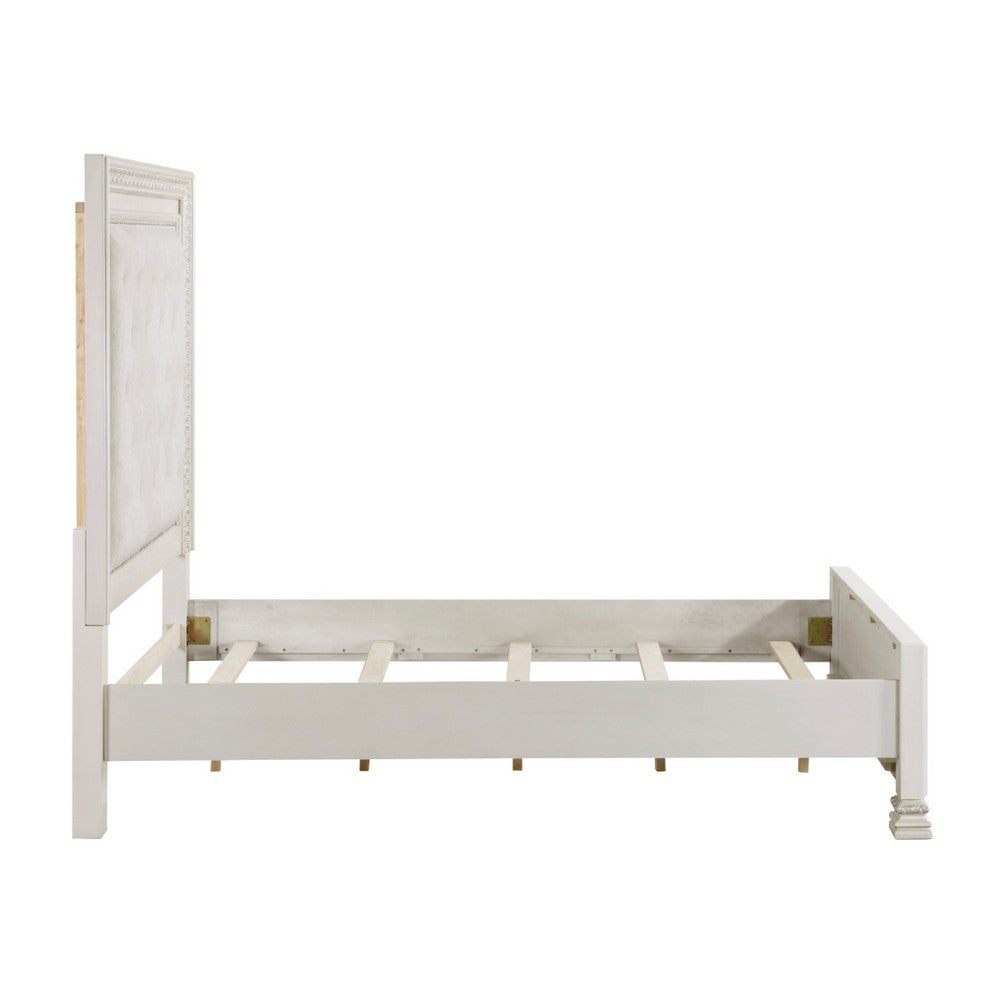 Rotu Queen Bed | Tufted Headboard with Nailheads | Pearl White Polyester
