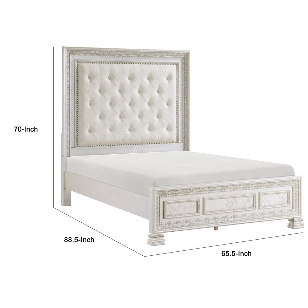 Rotu Queen Bed | Tufted Headboard with Nailheads | Pearl White Polyester