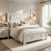 Rotu Queen Bed | Tufted Headboard with Nailheads | Pearl White Polyester