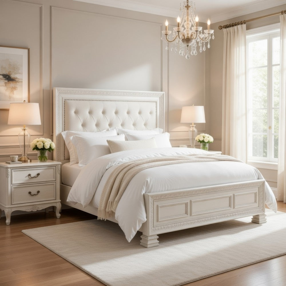 Rotu Queen Bed | Tufted Headboard with Nailheads | Pearl White Polyester