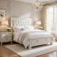 Rotu Queen Bed | Tufted Headboard with Nailheads | Pearl White Polyester