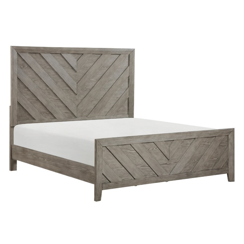 Laso Queen Panel Bed | Chevron Design Headboard & Footboard | Gray Wood
