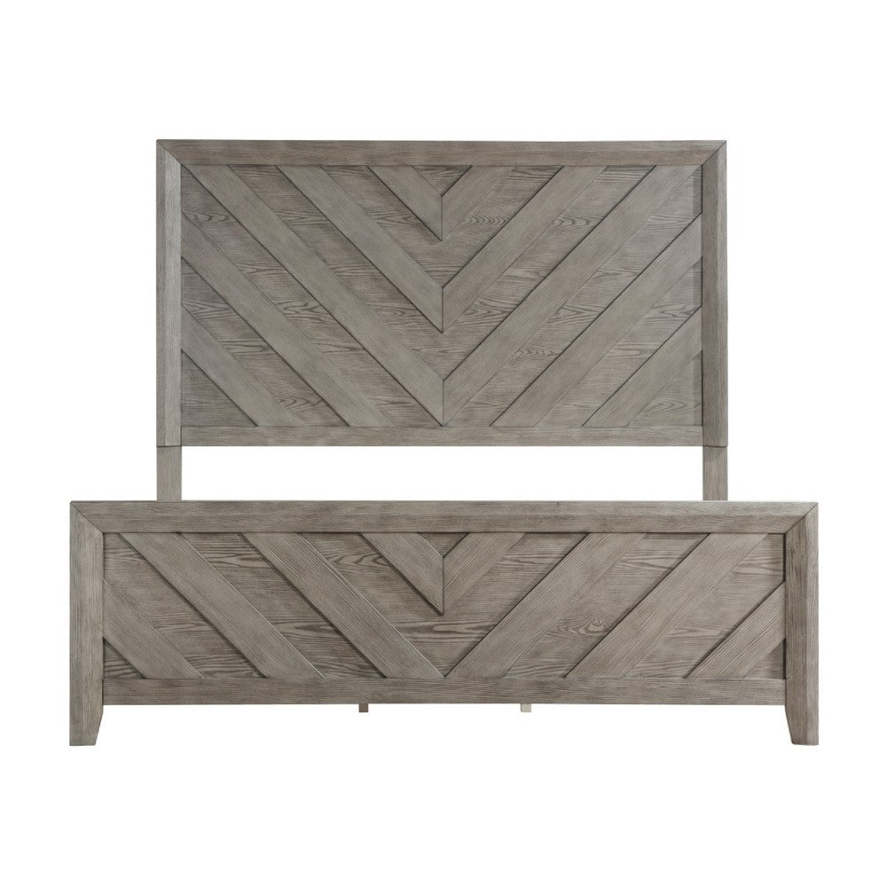 Laso Queen Panel Bed | Chevron Design Headboard & Footboard | Gray Wood