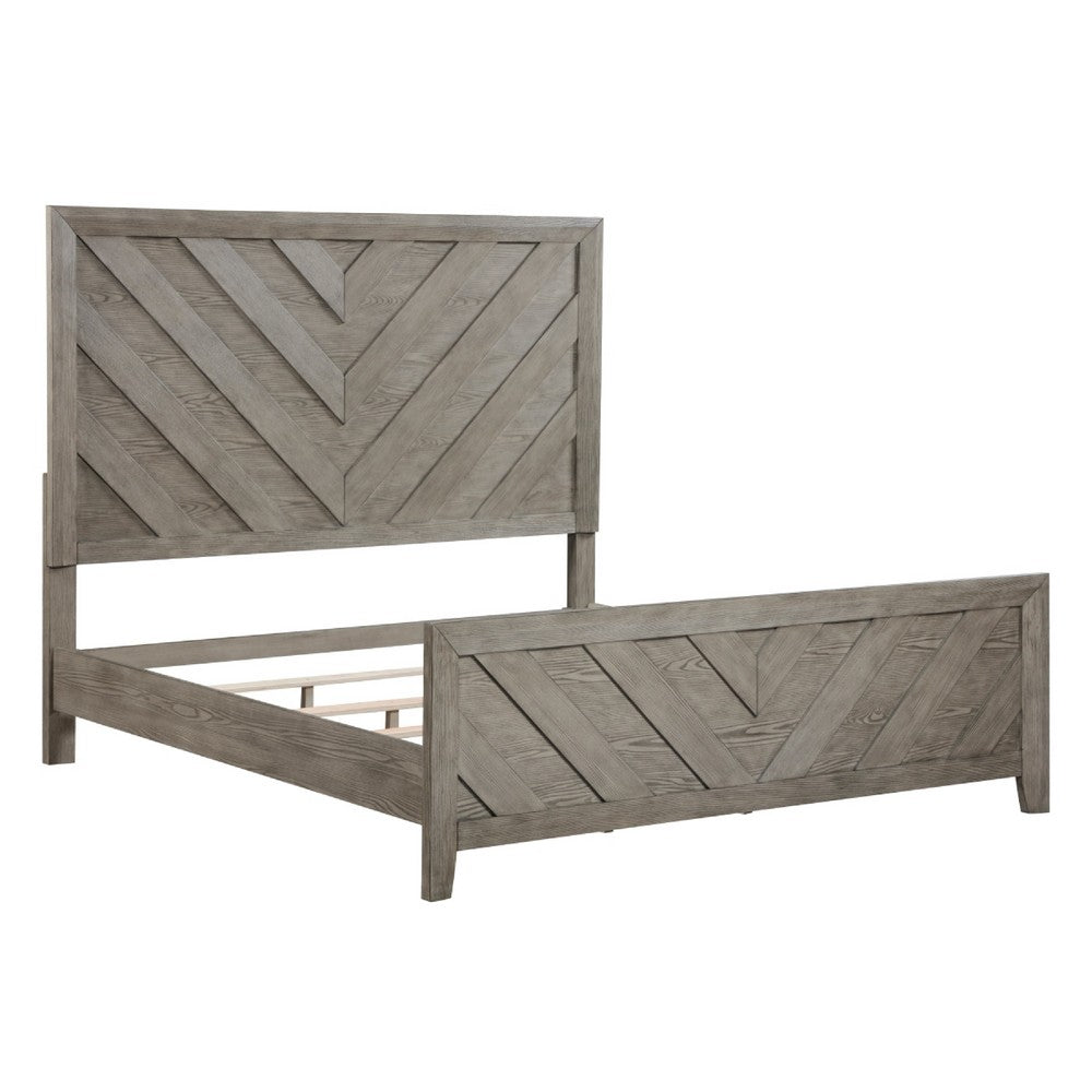 Laso Queen Panel Bed | Chevron Design Headboard & Footboard | Gray Wood