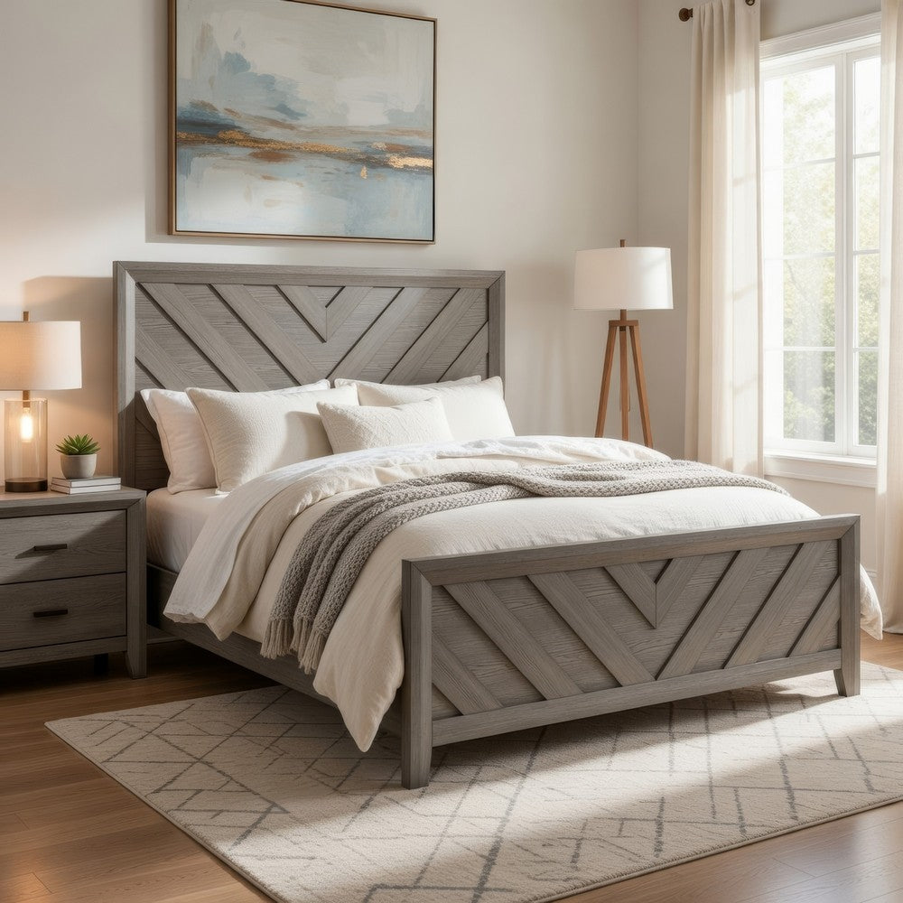 Laso Queen Panel Bed | Chevron Design Headboard & Footboard | Gray Wood