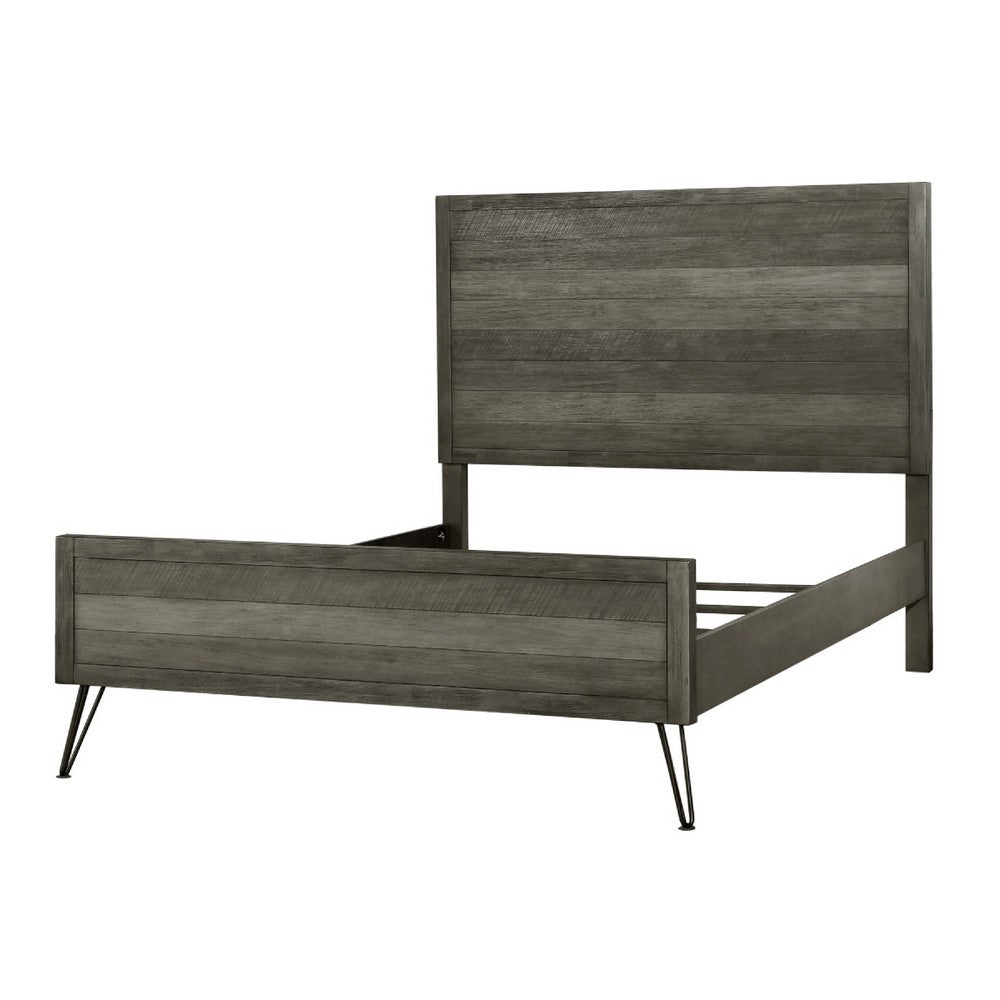 Umer Full Bed | Plank Headboard & Footboard | Trichromatic Gray | Metal Legs