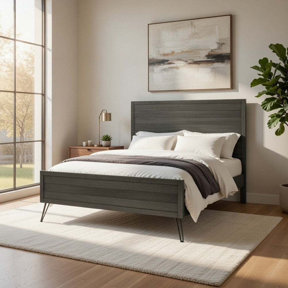 Umer Full Bed | Plank Headboard & Footboard | Trichromatic Gray | Metal Legs