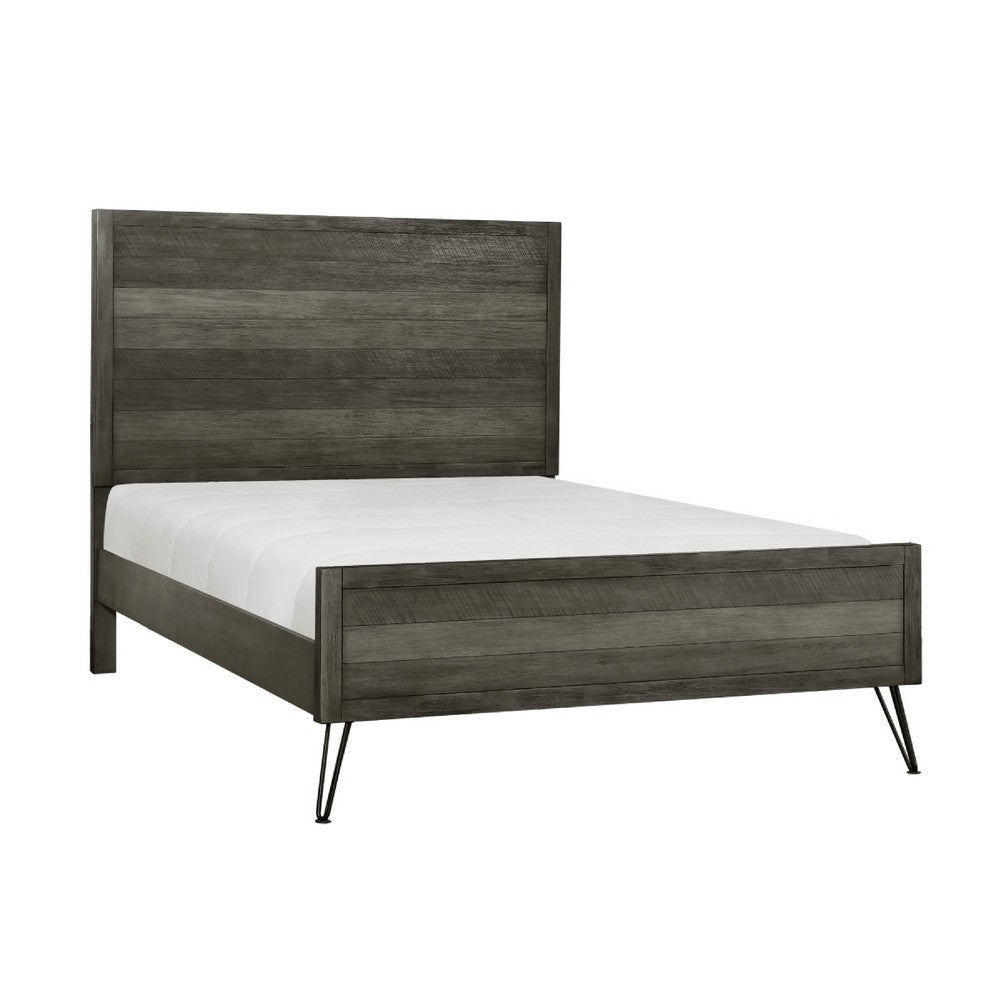 Umer King Bed | Plank Headboard & Footboard | Trichromatic Gray | Metal Legs