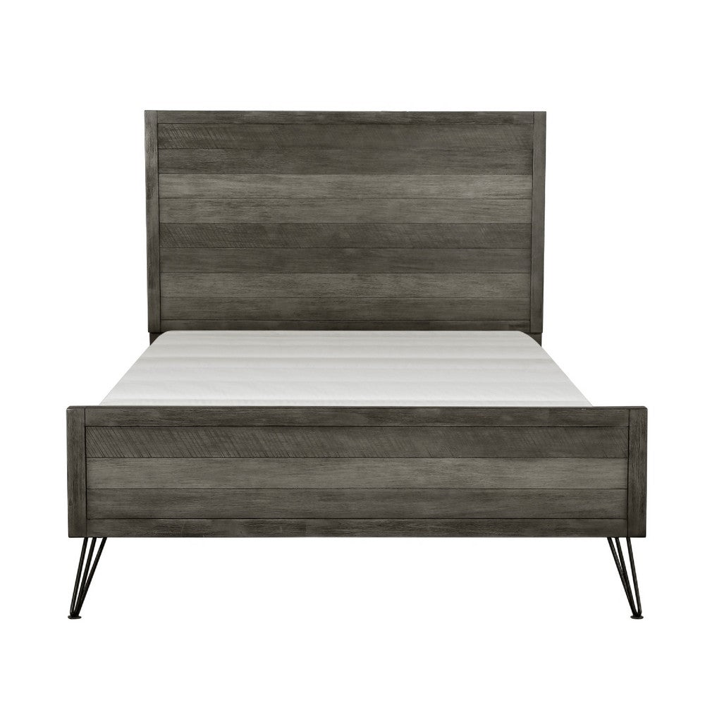 Umer King Bed | Plank Headboard & Footboard | Trichromatic Gray | Metal Legs