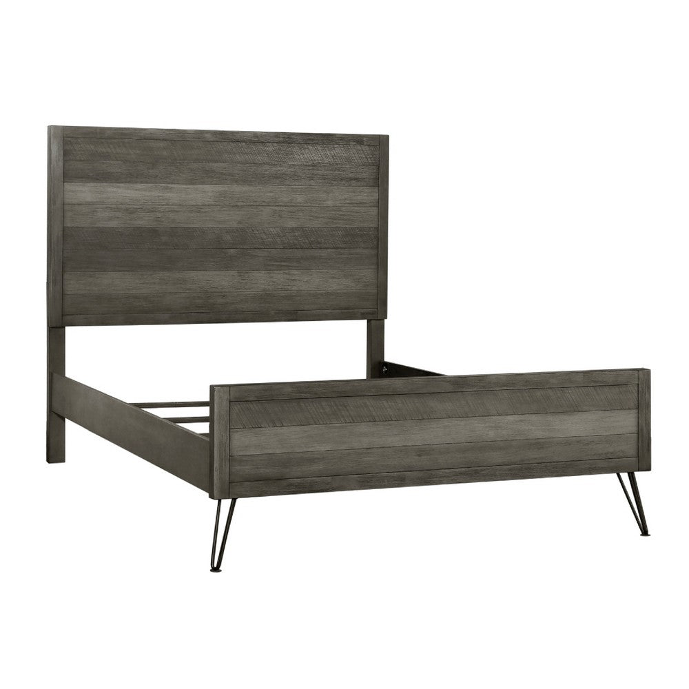 Umer King Bed | Plank Headboard & Footboard | Trichromatic Gray | Metal Legs