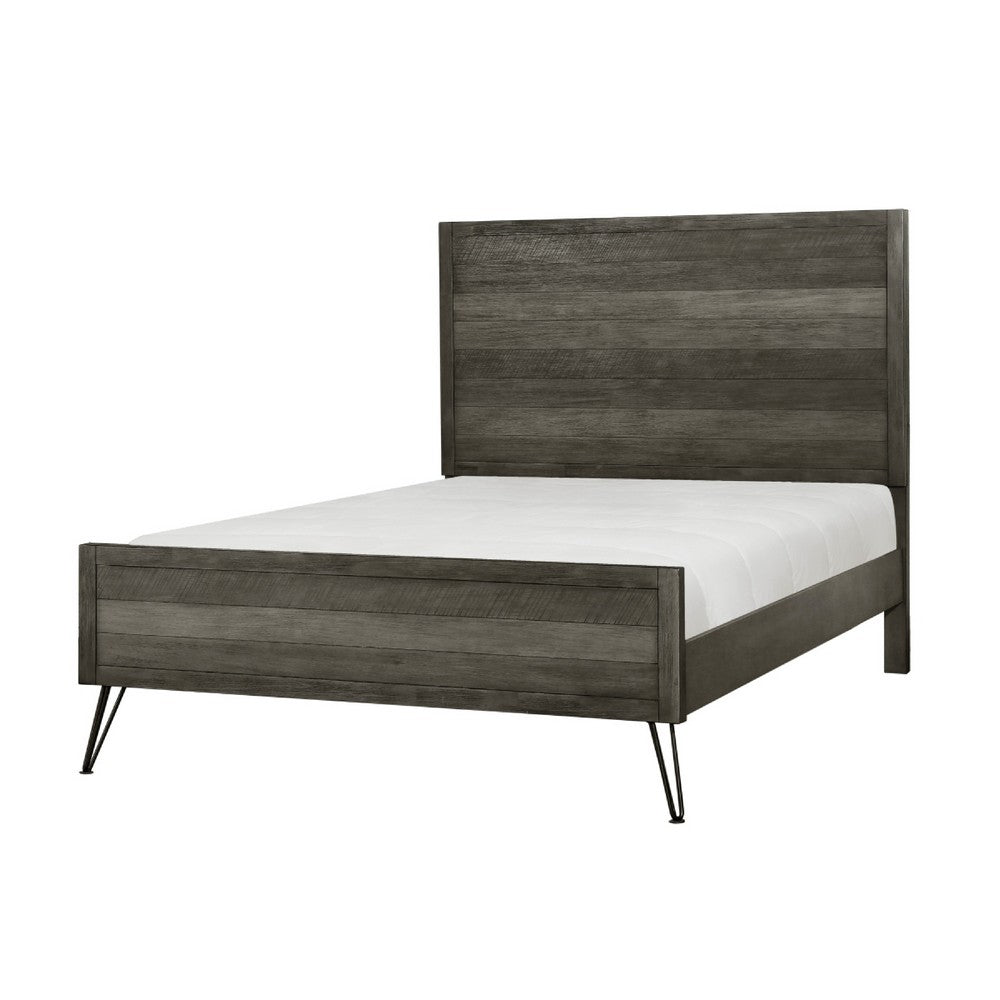 Umer King Bed | Plank Headboard & Footboard | Trichromatic Gray | Metal Legs