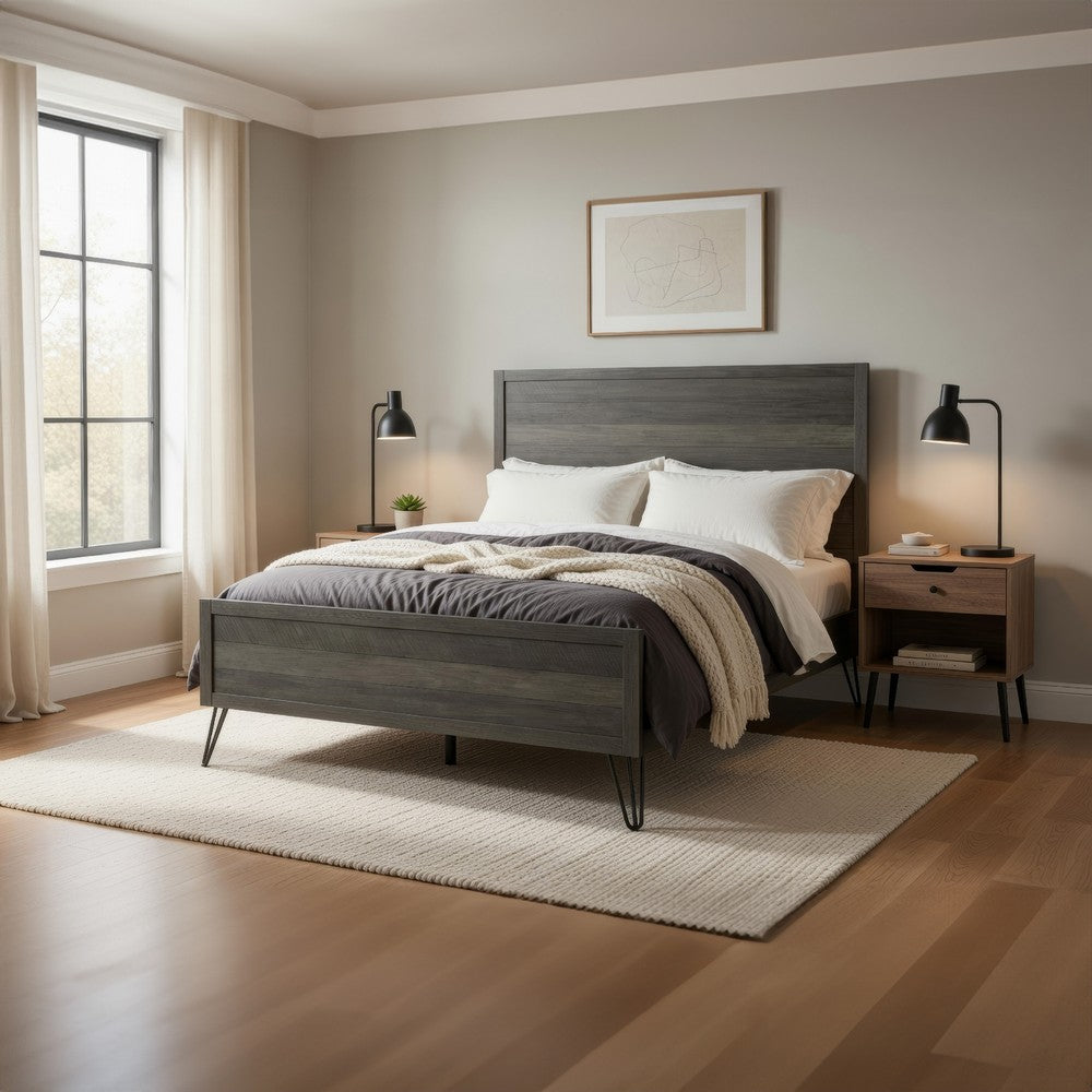 Umer King Bed | Plank Headboard & Footboard | Trichromatic Gray | Metal Legs