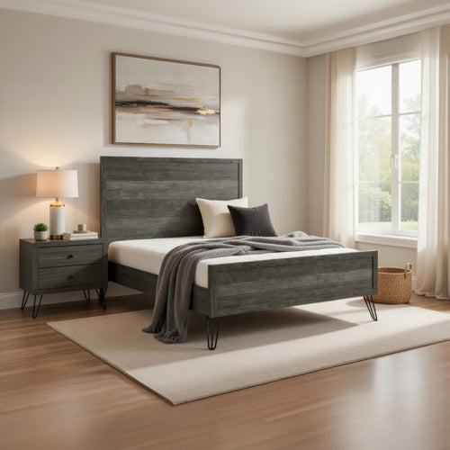 Umer King Bed | Plank Headboard & Footboard | Trichromatic Gray | Metal Legs