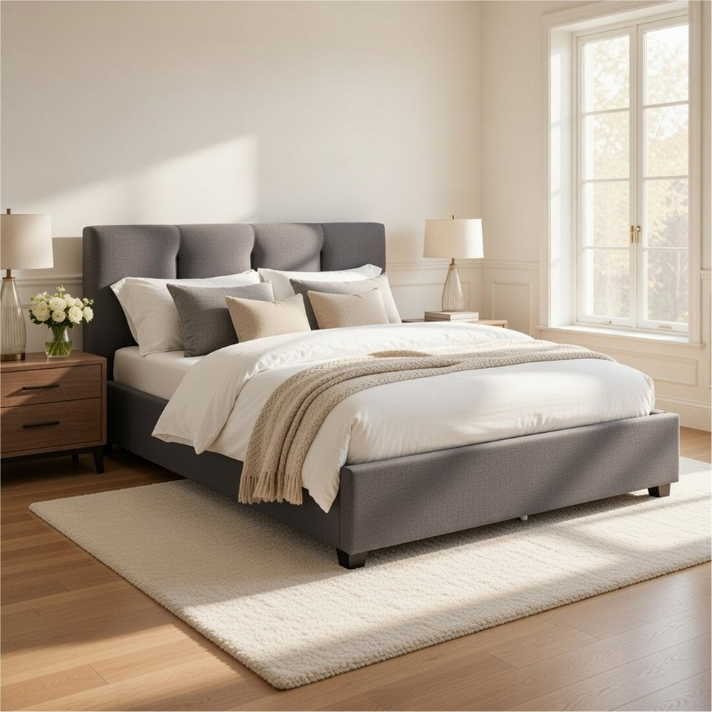 Orra Full Platform Bed | Padded Headboard | Channel Stitch Gray Polyester