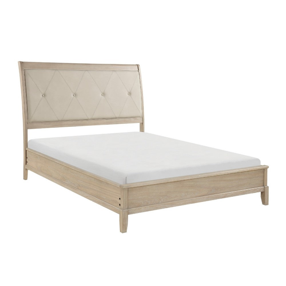 Hadly Full Bed | Tufted Headboard | Luxe Faux Leather Upholstery Beige Wood