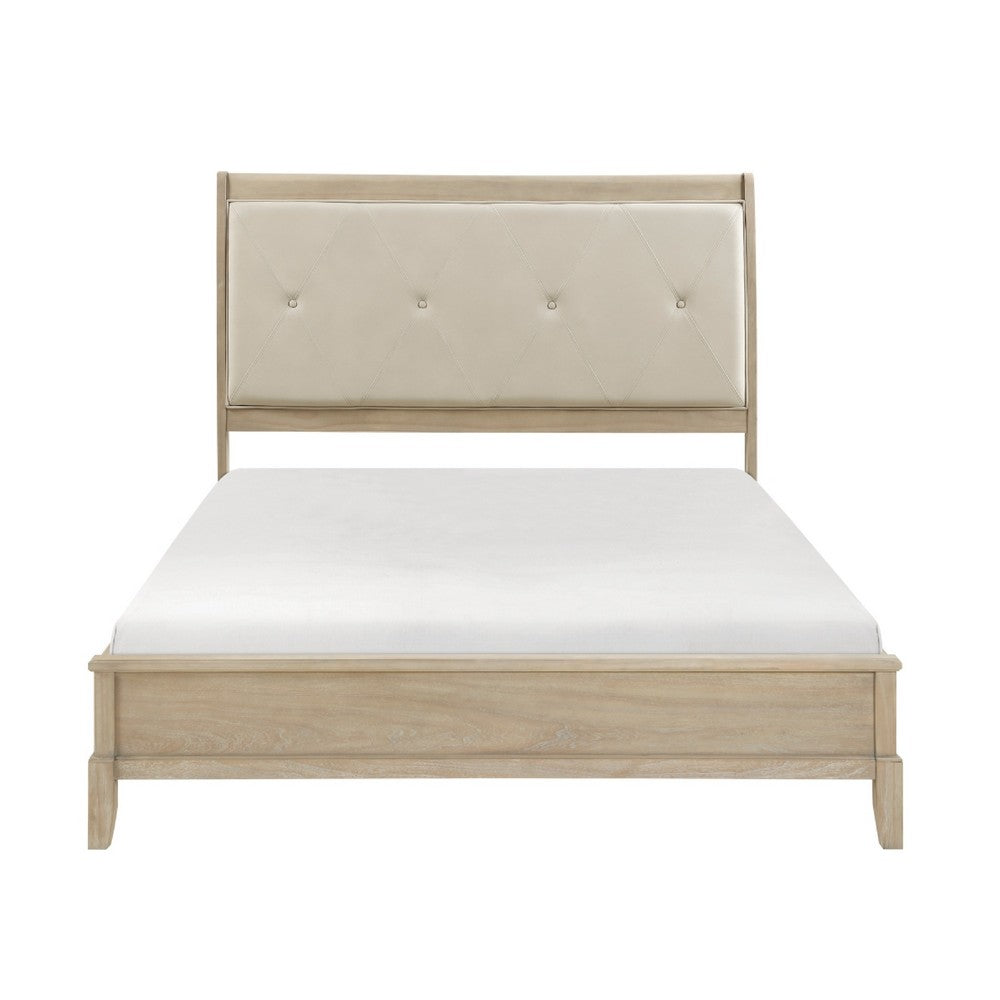 Hadly Full Bed | Tufted Headboard | Luxe Faux Leather Upholstery Beige Wood