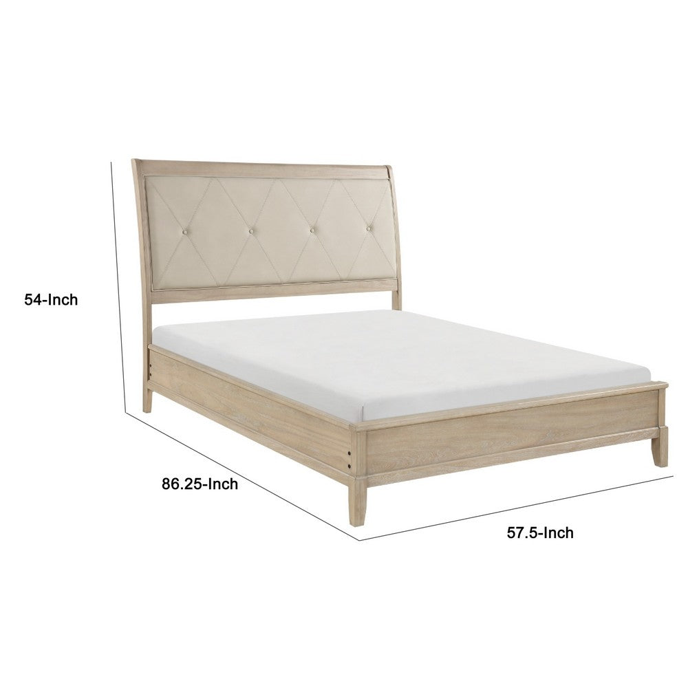 Hadly Full Bed | Tufted Headboard | Luxe Faux Leather Upholstery Beige Wood