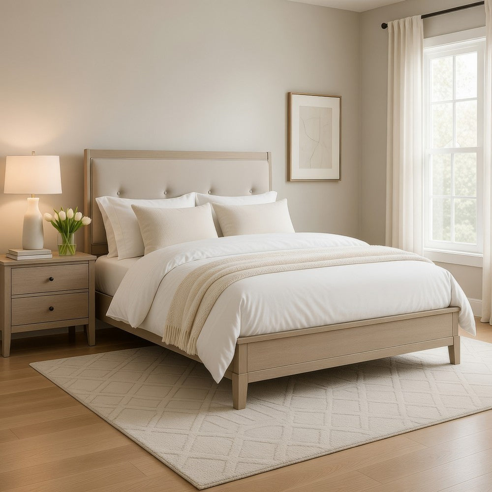 Hadly Full Bed | Tufted Headboard | Luxe Faux Leather Upholstery Beige Wood