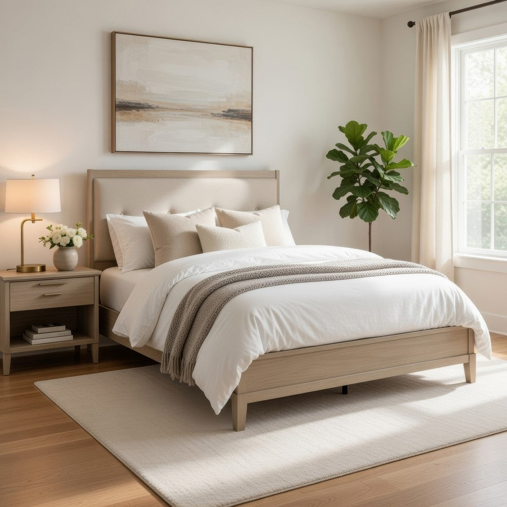 Hadly Full Bed | Tufted Headboard | Luxe Faux Leather Upholstery Beige Wood