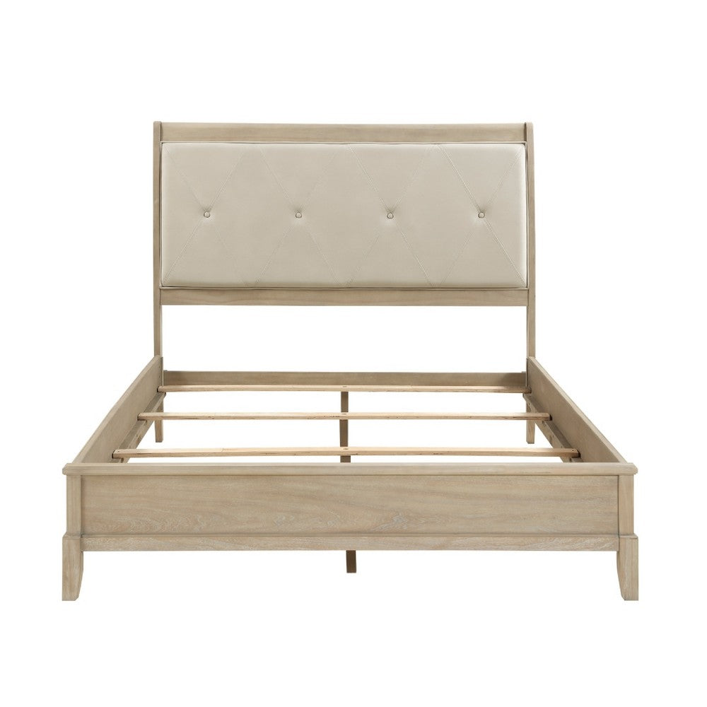 Hadly Queen Bed | Tufted Headboard | Luxe Faux Leather Upholstery Beige Wood