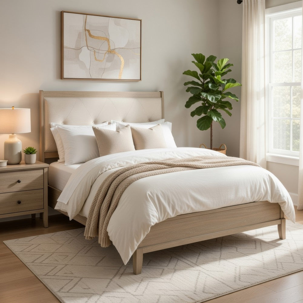 Hadly Queen Bed | Tufted Headboard | Luxe Faux Leather Upholstery Beige Wood