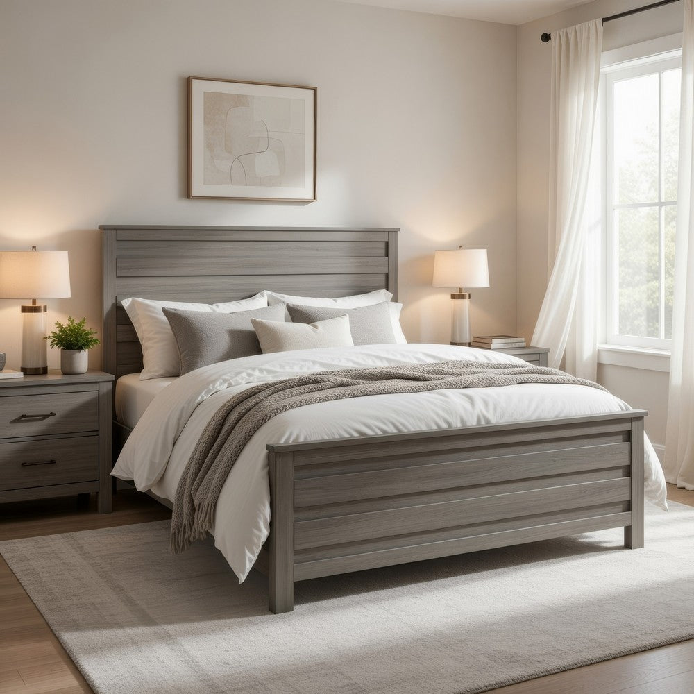 Waln King Bed | Horizontal Slats on Headboard & Footboard | Dark Gray Wood