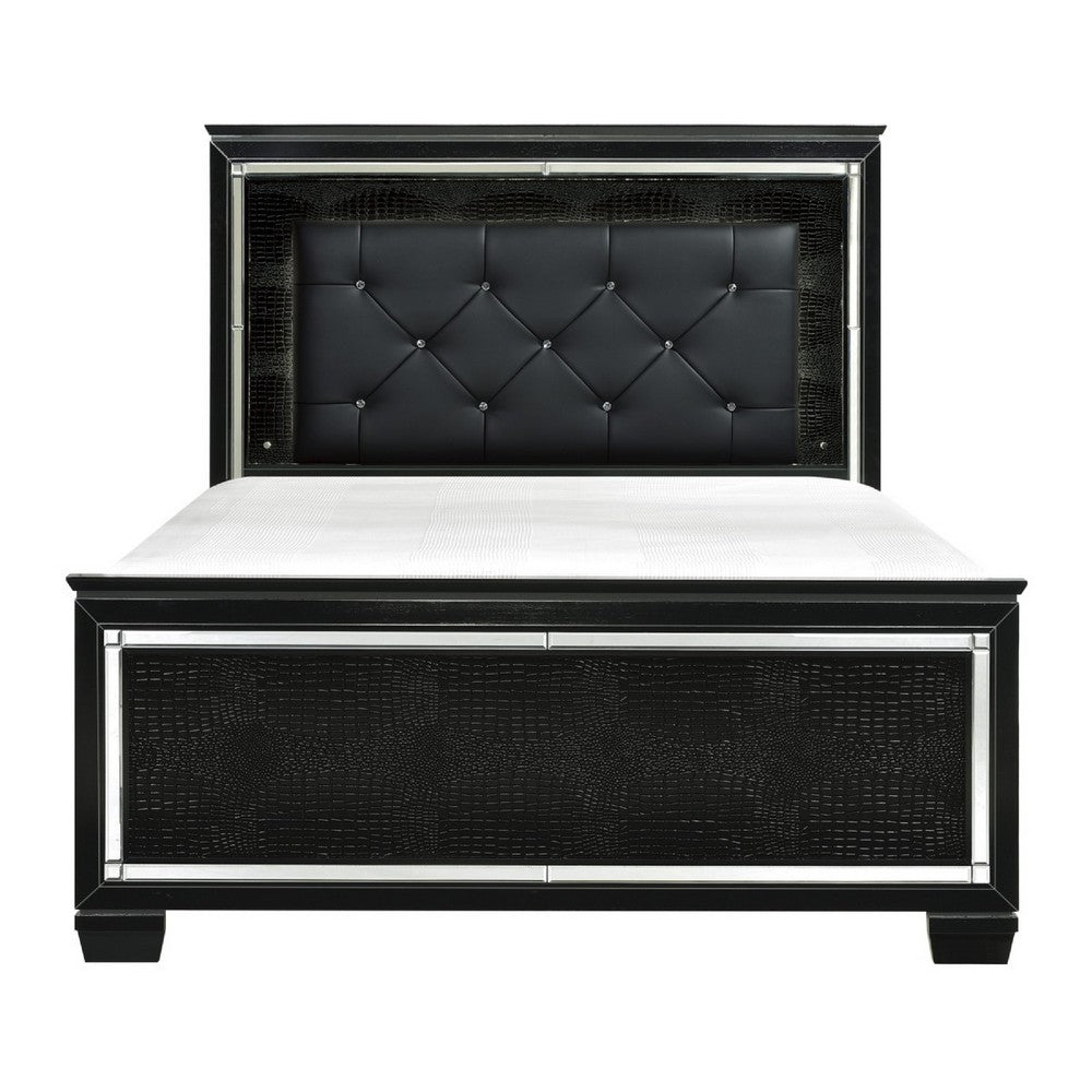 Lura Full Bed | LED Headboard | Embossed Panels | Tufted Black Faux Leather