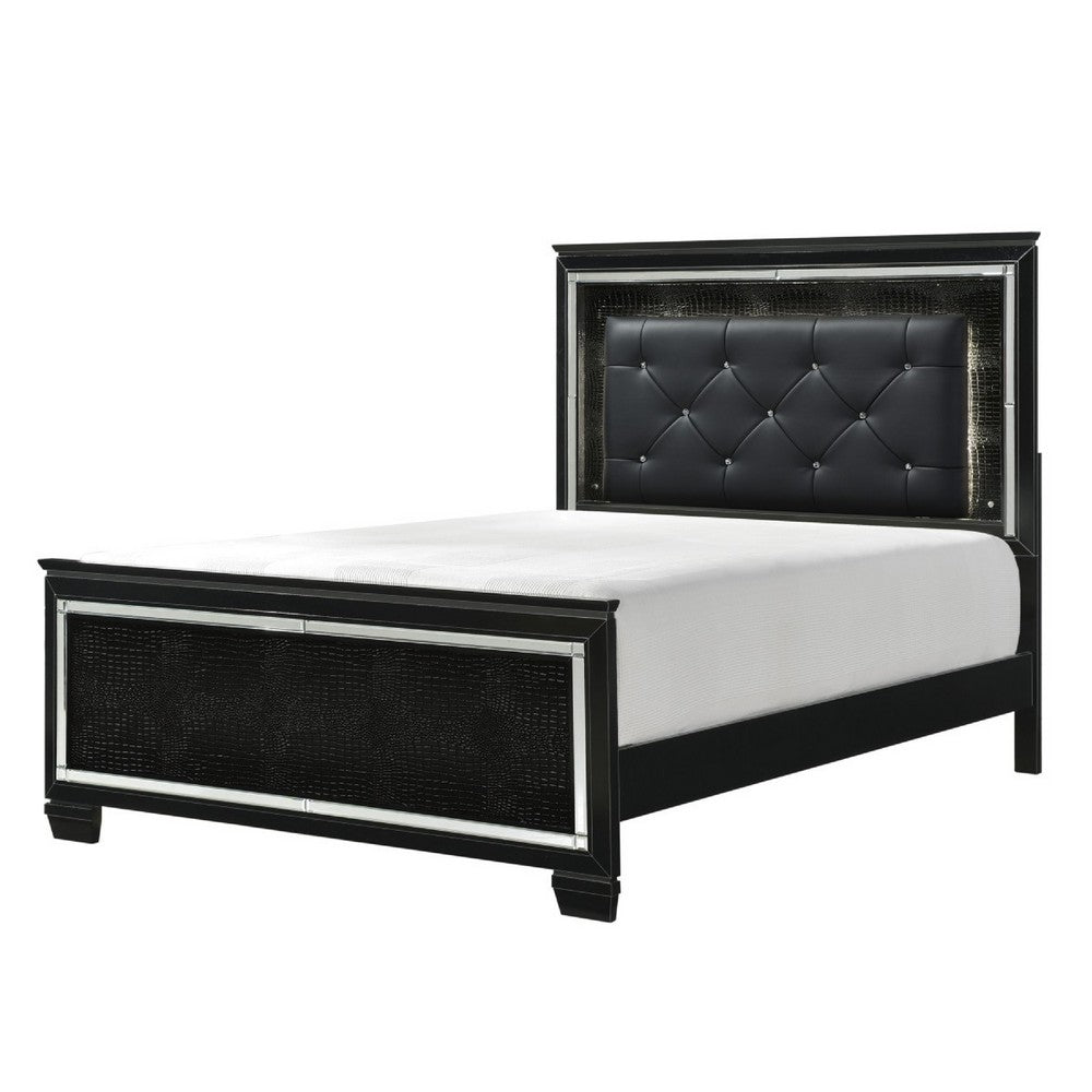 Lura Full Bed | LED Headboard | Embossed Panels | Tufted Black Faux Leather