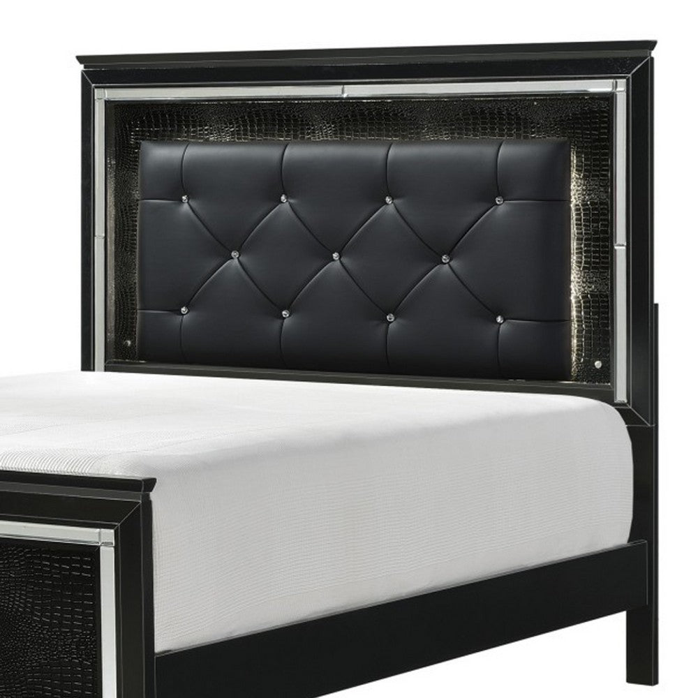 Lura Full Bed | LED Headboard | Embossed Panels | Tufted Black Faux Leather