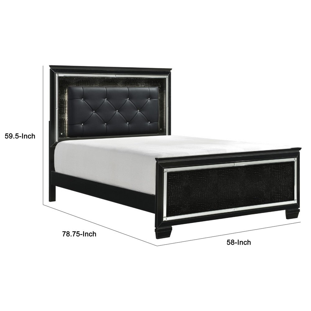 Lura Full Bed | LED Headboard | Embossed Panels | Tufted Black Faux Leather