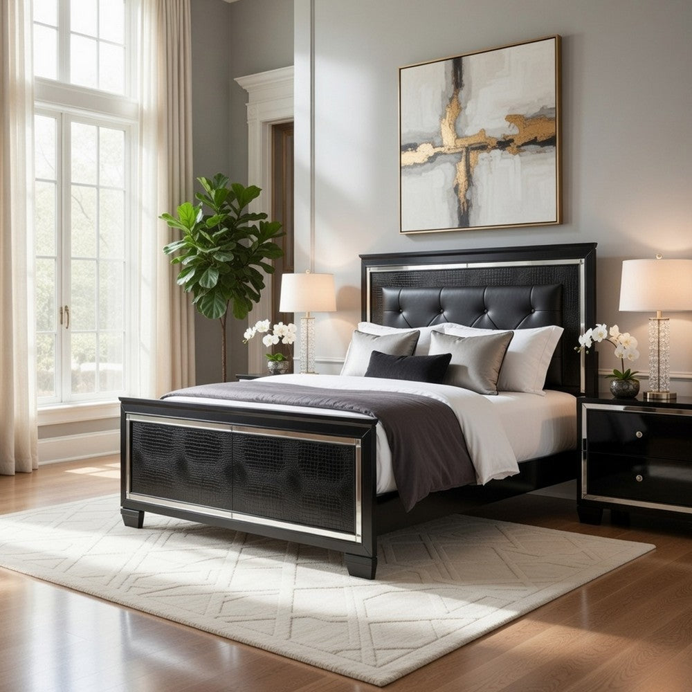 Lura Full Bed | LED Headboard | Embossed Panels | Tufted Black Faux Leather