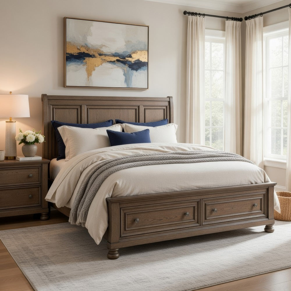 Bely Queen Sleigh Bed | Footboard Storage | Picture Frame Molding Brown Wood