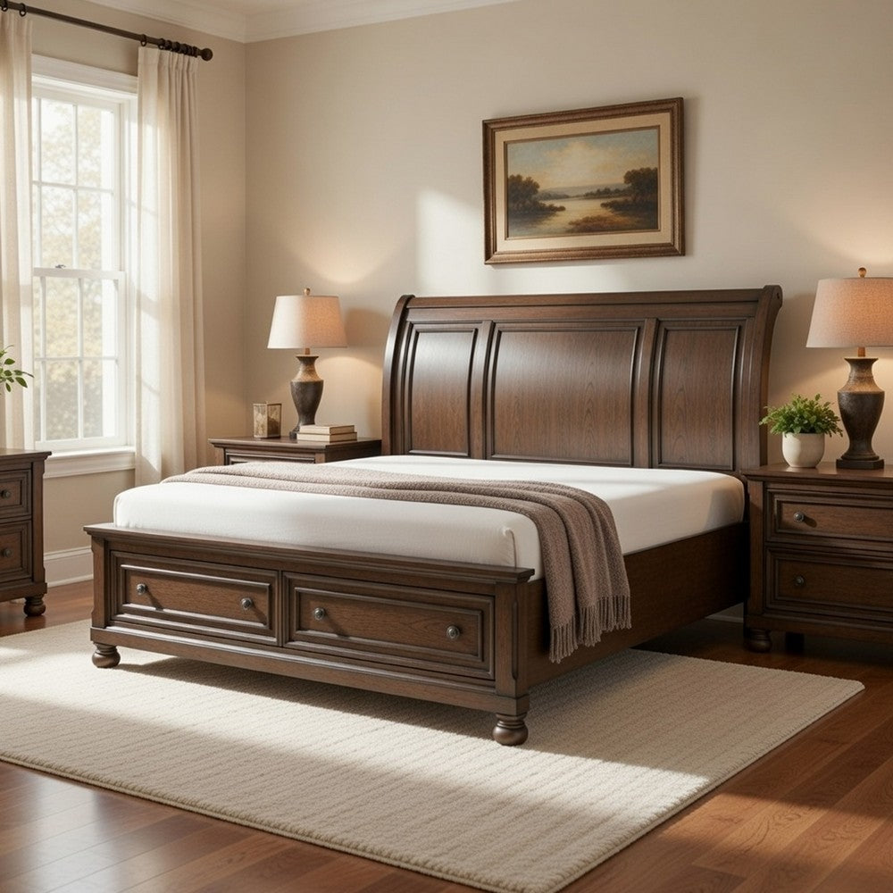Bely King Sleigh Bed | Footboard Storage | Picture Frame Molding Brown Wood
