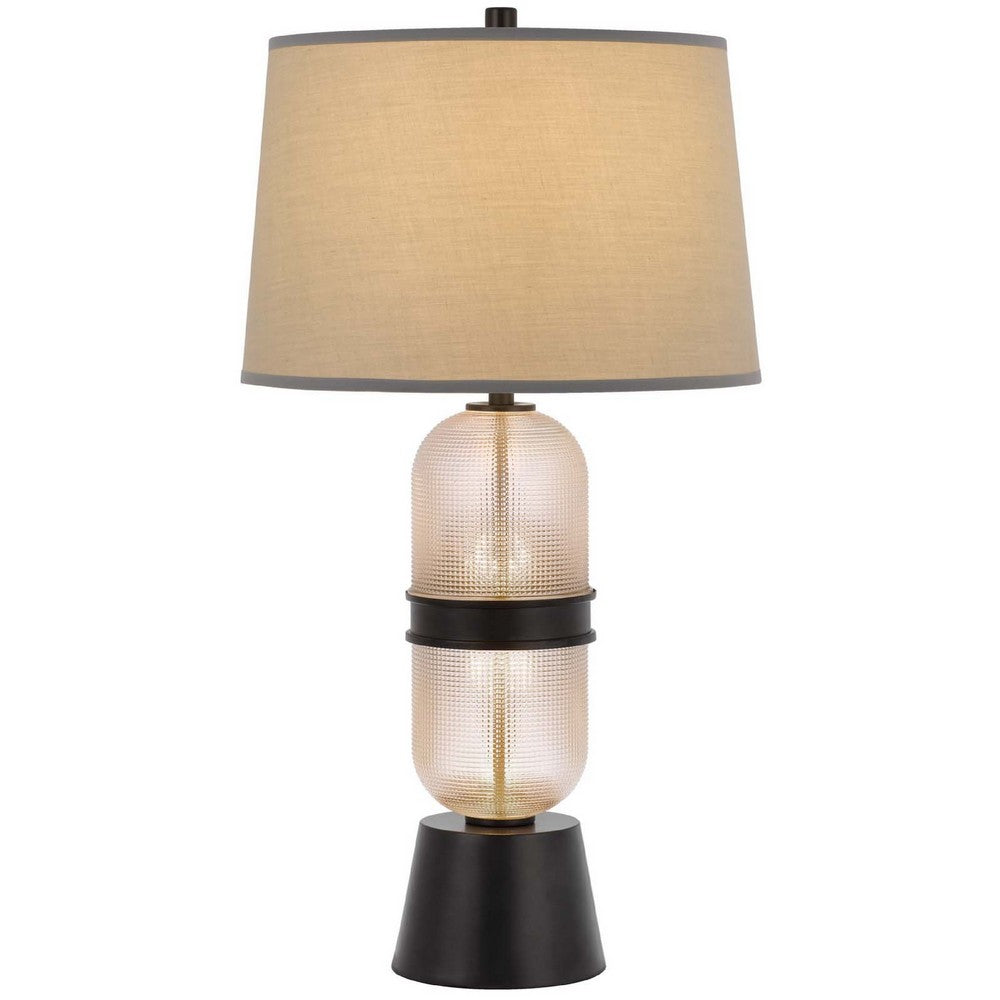 Table Lamp with LED Light | Gray Drum Shade | Frosted Glass Base | 29"